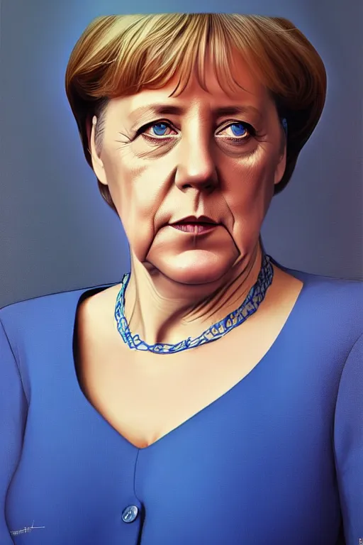 Prompt: angela merkel in a thin blue dress, realistic portrait, symmetrical, highly detailed, digital painting, artstation, concept art, smooth, sharp focus, illustration, cinematic lighting, art by artgerm and greg rutkowski and alphonse mucha