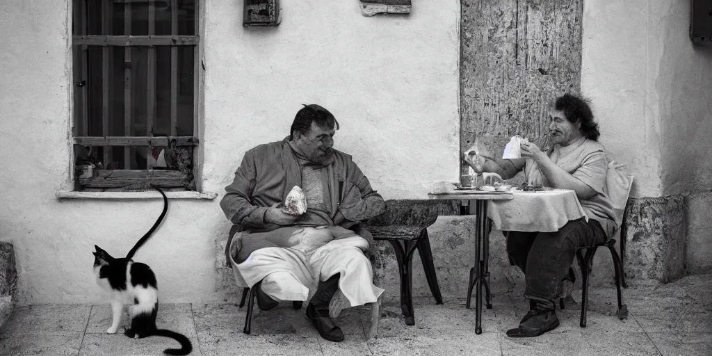 Image similar to photography of a cat sharing mortadella with his loved owner at a trullo house, photoreal, 3 5 mm, award winning photography