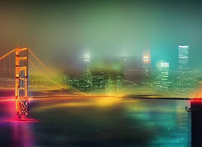 Prompt: cyberpunk scifi scene of san francsico skyline at night, golden gate bridge, artstation, matt painting, very detailed, maximalism, ambient occlusion, volumetric light, atmospheric haze, unreal engine, hyper realism, realistic shading, cinematic composition, realistic render, octane render, detailed textures, photorealistic, wide shot