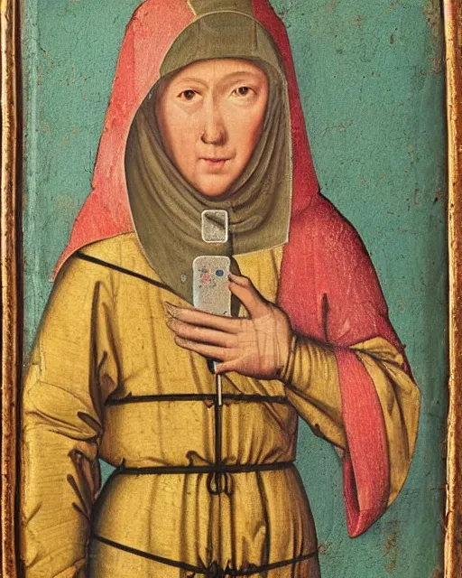 Prompt: a 1 5 th century medieval oil painting of a an iphone on a wireless charger, c. 1 4 7 8. high quality scan