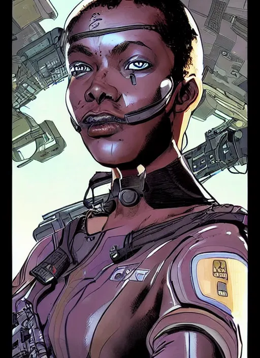 Image similar to selina igwe. apex legends buff cyberpunk spy in stealth suit. concept art by james gurney and mœbius. gorgeous face.