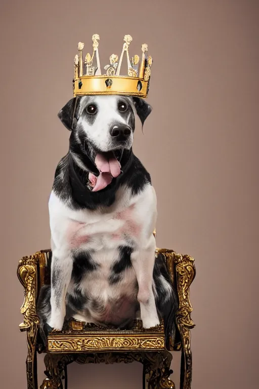 Prompt: a dog sitting on a throne with a crown on its head, professional photography