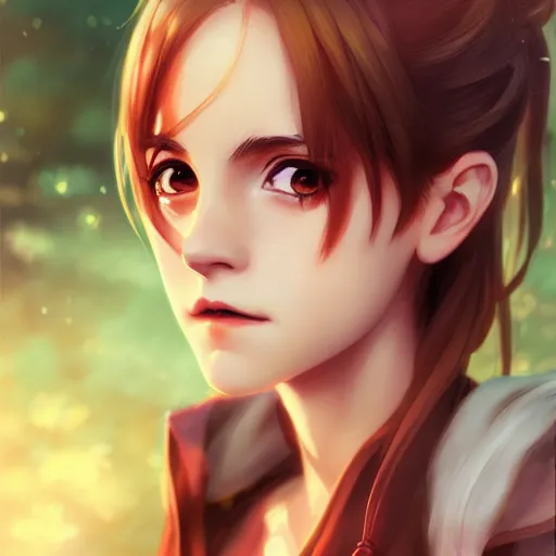 Image similar to anime portrait of emma watson as an anime girl by Stanley Artgerm Lau, WLOP, Rossdraws, James Jean, Andrei Riabovitchev, Marc Simonetti, and Sakimichan, trending on artstation