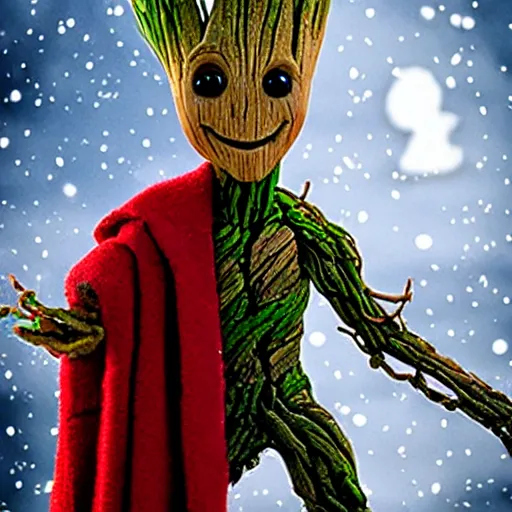 Prompt: groot as a snowman,