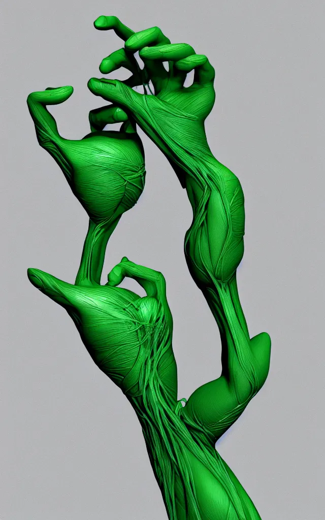 Prompt: intricated scientific medical 3d animation of the muscles and veins of a bat with a heart in their hands photography 3d octane plastic render green chroma key