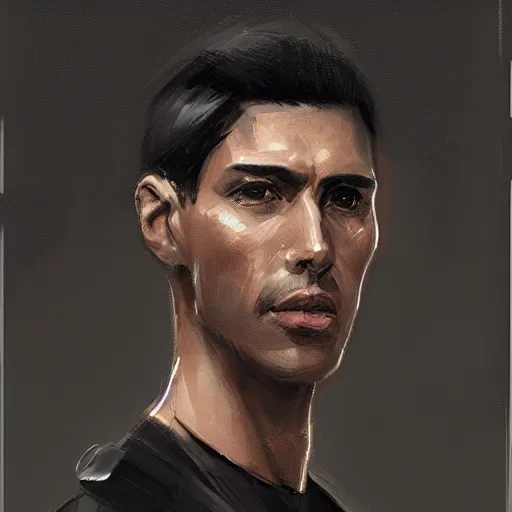 Image similar to portrait of a peruvian man by greg rutkowski, he is about 3 0 years old, short black hair with bangs, very tall and slender, he is wearing a beige and black utility jumpsuit, highly detailed portrait, digital painting, artstation, concept art, smooth, sharp focus ilustration, artstation hq