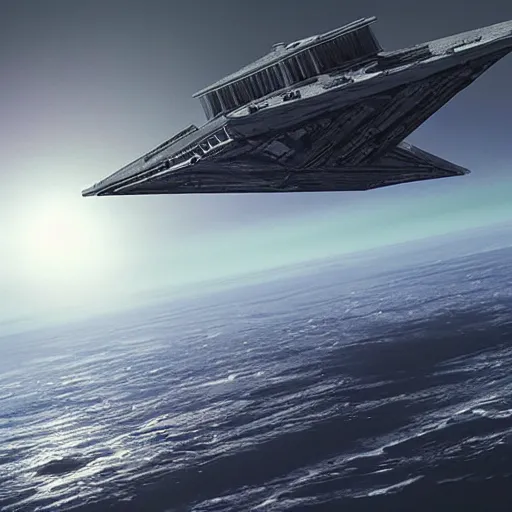 Image similar to epic view of a star destroyer above jupiter, concept art