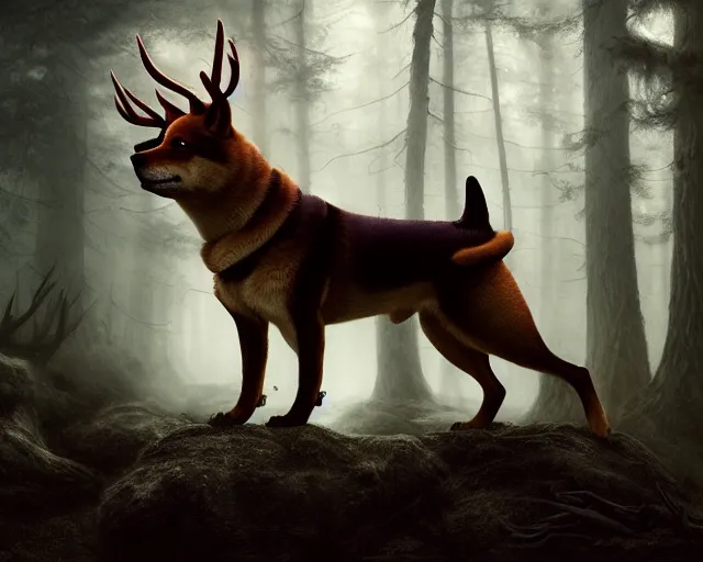 Image similar to 5 5 mm portrait photo of an armored demonic shiba inu with antlers, in a magical forest. dark atmosphere. art by greg rutkowski. highly detailed 8 k. intricate. lifelike. soft light. nikon d 8 5 0.