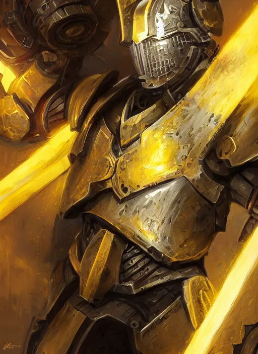 Prompt: dynamic attack position abstract portrait of a intricate glorious holy mechanical warforged character in yellow armor holding a paladin engraved great longsword drawn and carrying a big paladin shield, PAR can lighting , face in focus, epic , trending on ArtStation, masterpiece, cinematic lighting, by Ross Tran and by Greg Rutkowski