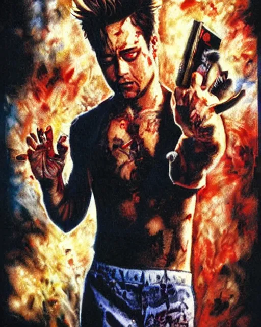 Image similar to cat in fight club, cat tyler durden, airbrush, drew struzan illustration art, key art, movie poster