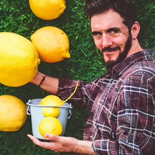 Image similar to A photograph of a confused man holding up a bucket of lemons