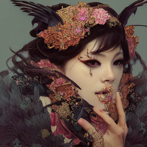 Image similar to a photorealistic dramatic fantasy render of a beautiful woman wearing a beautiful intricately detailed japanese crow kitsune mask and clasical japanese kimono by wlop, artgerm, greg rutkowski, alphonse mucha, beautiful dynamic dramatic dark moody lighting, shadows, cinematic atmosphere, artstation, concept design art, octane render, 8 k