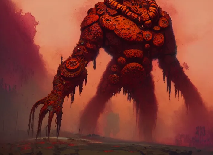 Prompt: A psychedelic goliath warrior rust monster, vibrant color scheme, highly detailed, in the style of romanticism, cinematic, artstation, Moebius, Greg rutkowski