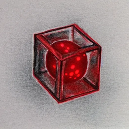 Prompt: chrome spheres on a red cube, drawn with gel pen