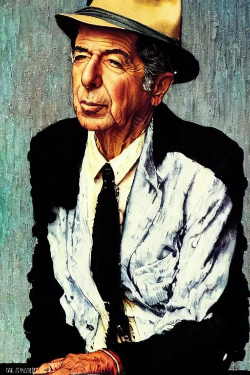 Image similar to “portrait of Leonard Cohen, impeccably dressed, wearing trilby hat, by norman Rockwell”