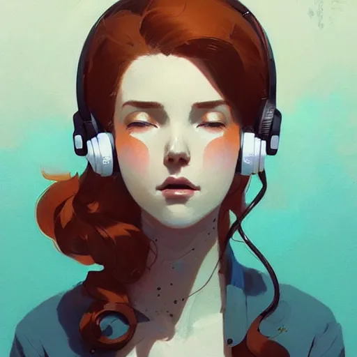 Prompt: beautiful artistic - wave highly detailed portrait female, with head phones, long red hair, by atey ghailan, by greg rutkowski, by greg tocchini, by james gilleard, by joe fenton, by kaethe butcher, dynamic lighting, gradient light blue, brown, blonde cream and white color scheme, grunge aesthetic