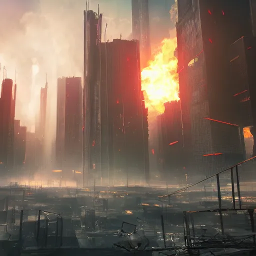 Prompt: apocalyptic, future city. rusted robots with lasers coming out of their eyes, burning everything. volumetric lighting, sharp focus, ultra detailed, cgsociety - w 1 0 2 4 - n 8 - i