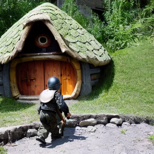 Image similar to a kid in swat gear storming a hobbit house.