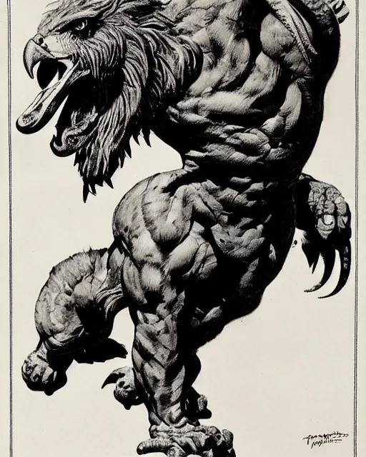 Image similar to a creature with the body and eyes of a man, with the beak of an eagle, the mane of a lion, and the horns of an ox. drawn by frank frazetta