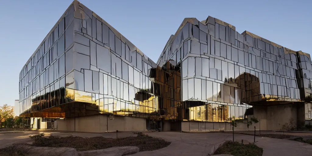 Image similar to wide angle photo of brutalist building made from reflective nickel chrome with copper and gold. highly reflective and shiny. frank loyde wright