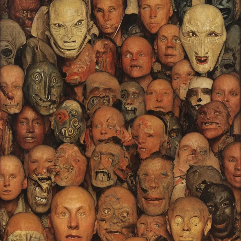 Prompt: portrait painting of a tribal alien masks, by norman rockwell. muted colors, soft gradients. baroque period, renaissance masterpiece. black background. trending on artstation. retrofuturism.