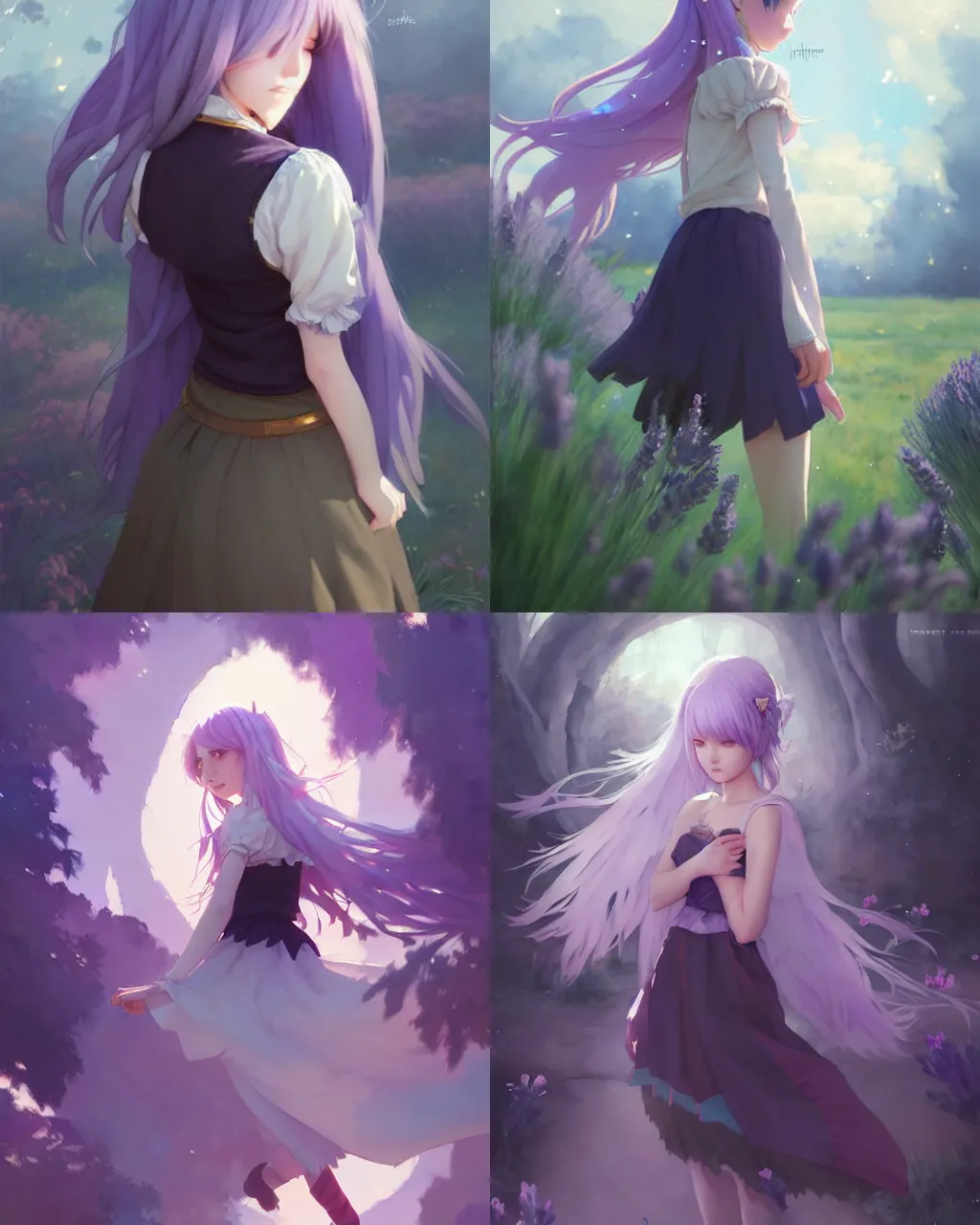 Prompt: a girl with lavender hair and black skirt, fairy tale style background, a beautiful half body illustration, top lighting, perfect shadow, soft painting, reduce saturation, leaning towards watercolor, art by hidari and krenz cushart and wenjun lin and stanley artgerm lau