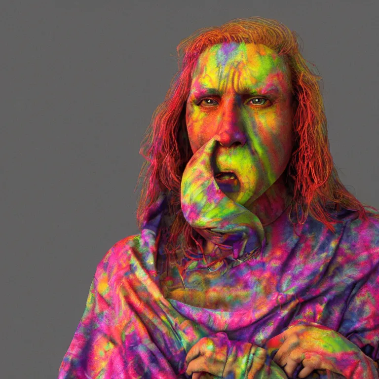 Prompt: octane render portrait by wayne barlow and carlo crivelli and glenn fabry, a woman wearing a skintight bright colorful tie - dye bedsheet costume, backlit, dramatic lighting, fog and mist, cinema 4 d, ray traced lighting, very short depth of field, bokeh