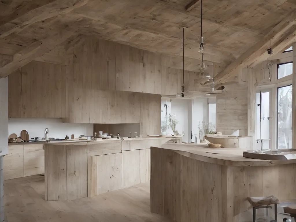 Image similar to luxury bespoke kitchen design, modern rustic, Japanese and Scandanvian influences, understated aesthetic, innovative materials and textrue, by Roundhouse Design