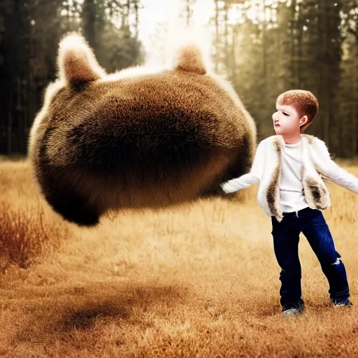 Prompt: young boy on a cute little monster with long fur on a cloud, portrait, pixar style, forest background, cinematic lighting, award winning creature portrait photography