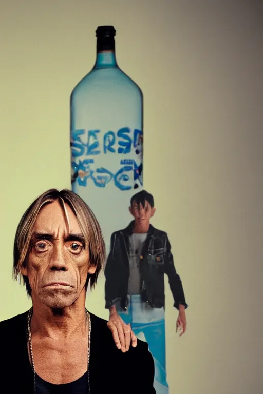 Prompt: iggy pop standing inside an enormous clear plastic soda bottle