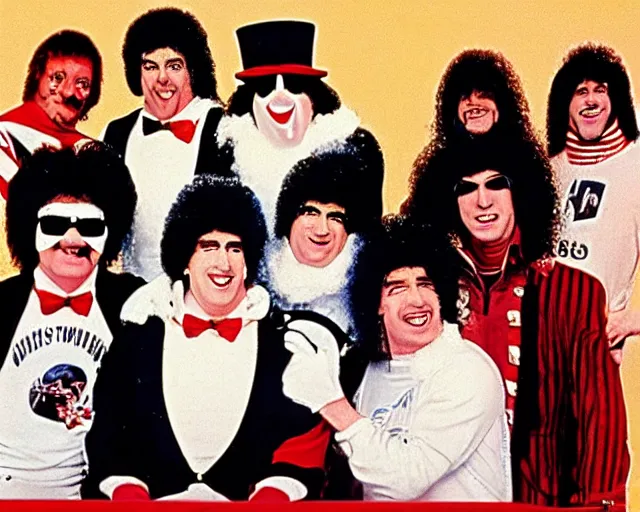 Image similar to 8 0's christmas special, featuring frosty the snowman, the band kiss, and the harlem globe trotters, frame from vhs tape