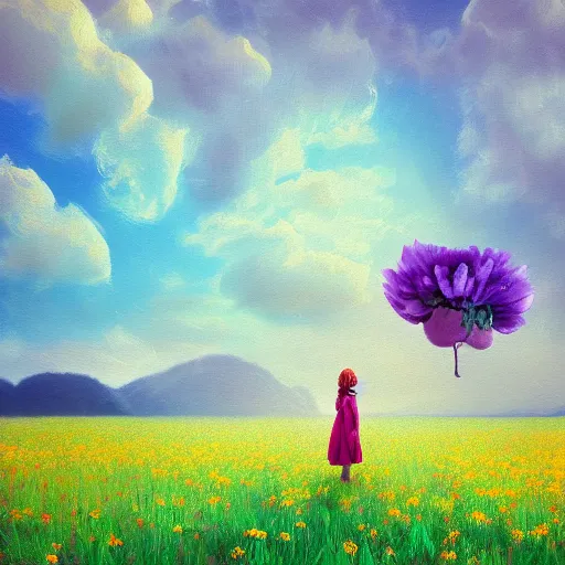 Prompt: girl with a flower for a head, surreal photography, dream, standing in flower field, magical, in a valley, sunrise dramatic light, impressionist painting, colorful clouds, artstation, simon stalenhag, flower face