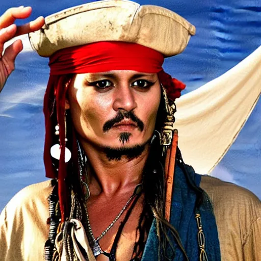 Prompt: jhonny Depp as an Arab pirate sailing the seven seas, God rays