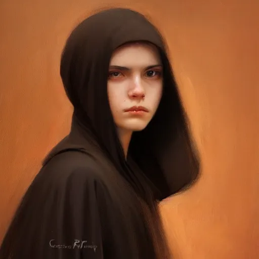 Image similar to An oil painting of a girl dressed in priest robes, 23 years old, (chad jaw line), long black hair, sharp facial features, beautiful, highly detailed, by Cédric Peyravernay, trending on artstation