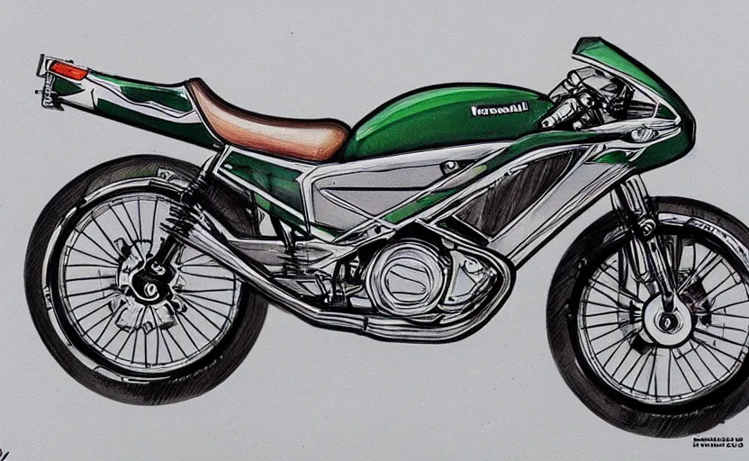 Image similar to 1 9 7 0 s kawasaki sport motorcycle concept, sketch, art,