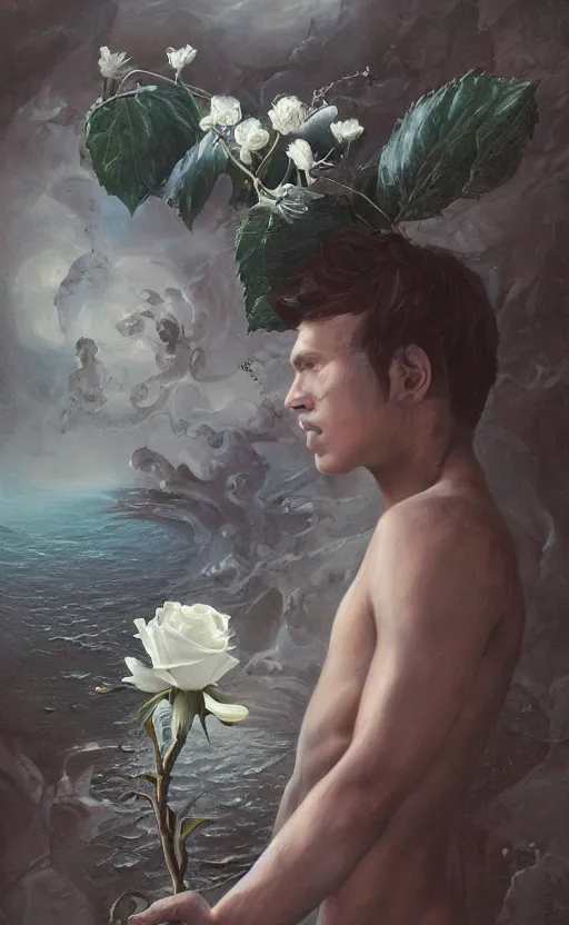 Prompt: a painting of a young man, walking unknowingly toward the brink of a precipice, holding a white rose in one hand, and in the other a small bundle of possessions, a surrealist painting by marco mazzoni, cgsociety, neo - figurative, detailed painting, rococo, oil on canvas, seapunk, lovecraftian