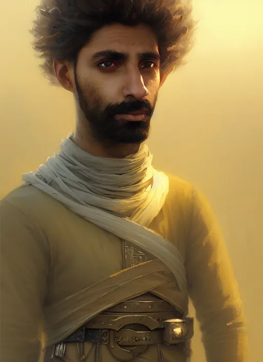 Image similar to highly detailed portrait arab man modern knight, hero, yellow charcoal, stephen bliss, 8 k, unreal engine, fantasy art by greg rutkowski, loish, rhads, ferdinand knab, makoto shinkai and lois van baarle, ilya kuvshinov, rossdraws, tom bagshaw, global illumination, radiant light, detailed and intricate environment