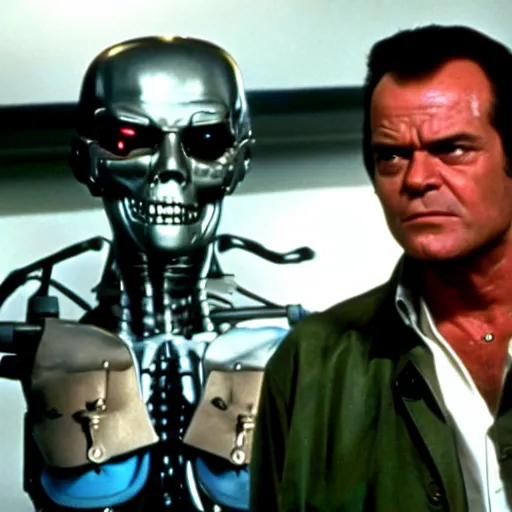 Image similar to Jack Nicholson plays Terminator, scene where his endoskeleton is exposed