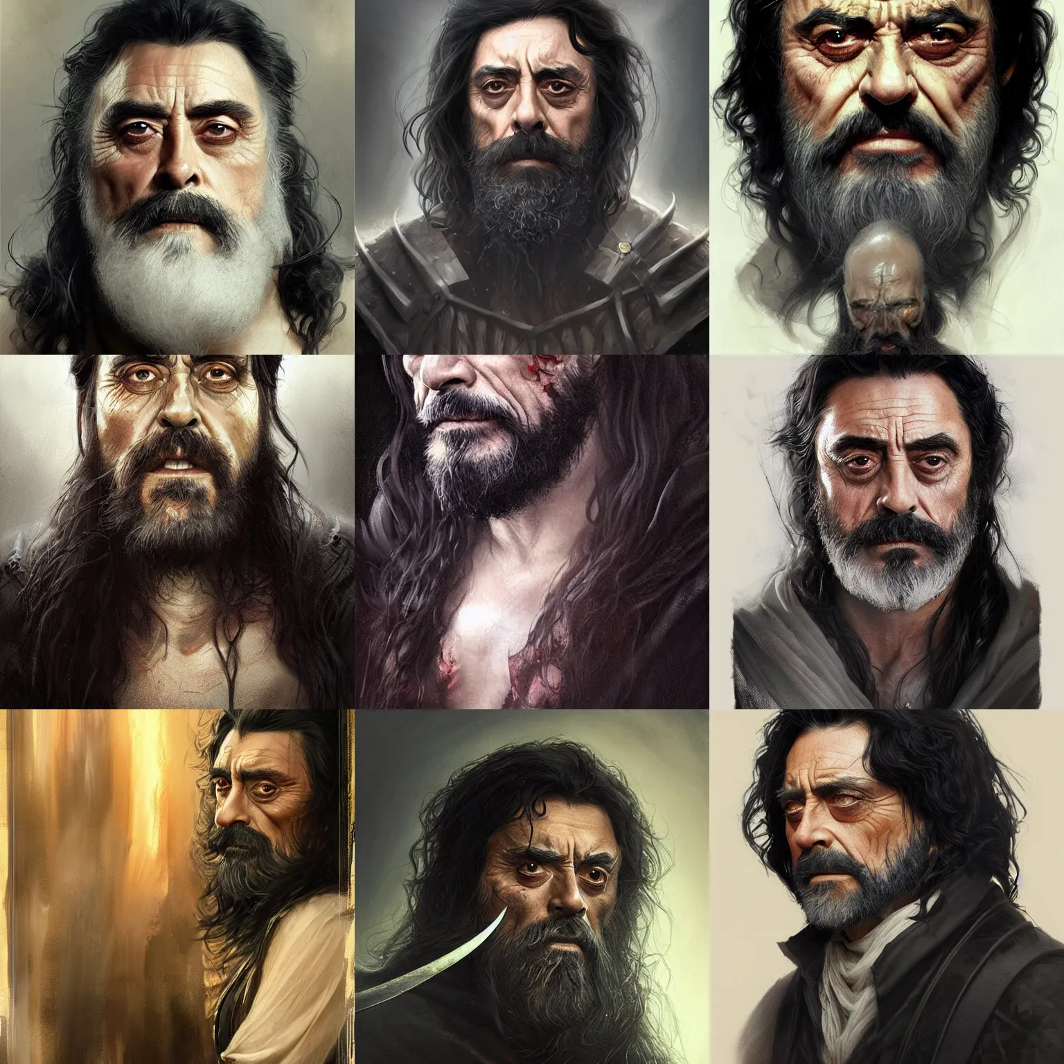 Prompt: king of death, ian mcshane, long black hair, long black beard, d & d, fantasy, portrait, highly detailed, digital painting, trending on artstation, concept art, sharp focus, illustration, art by artgerm and greg rutkowski and magali villeneuve