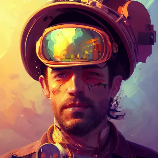 Prompt: a head and shoulders portrait of a space cowboy, neon, retro, steampunk, smooth, sharp focus, intricate, artstation, detailed concept art by Marc Simonetti