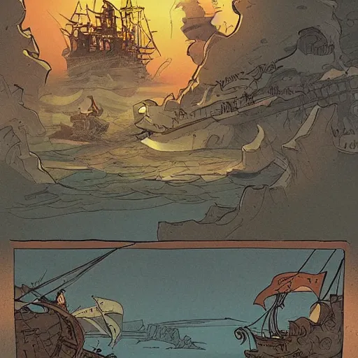 Prompt: treasure map adventures : : 1, large pirate ship, mike mignola style, comics, beautiful composition, wide angle, colorful, cinematic, volumetric lighting, intricate details