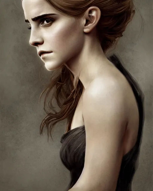 Prompt: clear portrait of emma watson, somber appearance, ripped clothing, looking her shoulder, wearing the one ring of sauron, background hyper detailed, character concept, full body, dynamic pose, intricate, elegant, highly detailed, digital painting, artstation, concept art, smooth, sharp focus, illustration, art by artgerm and greg rutkowski and alphonse mucha