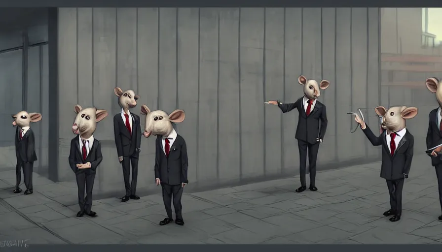 Image similar to anthropomorphic rats in suits waiting for the train, dystopian art, artstation, photorealistic rendering, concept art
