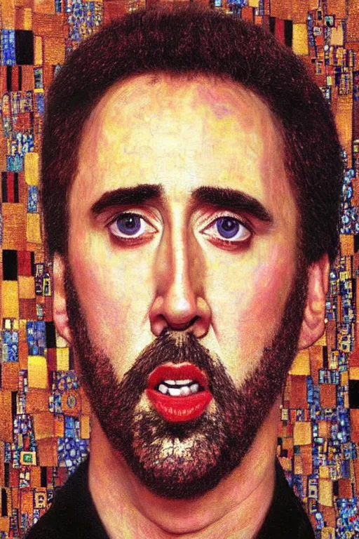 Prompt: Portrait of Nicolas Cage, beautiful art, painted by gustav klimt