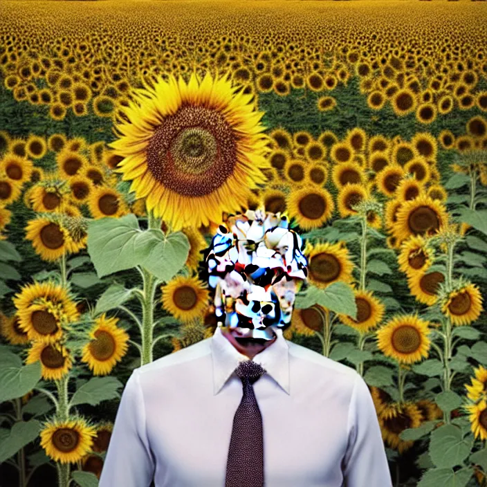 Image similar to photo portrait of Vladimir Putin in sunflower field, dressed in shirt with ornamental ethereal sunflower pattern, natural skin tone, explosion and fire in the background, elegant, Realistic, Refined, Highly Detailed, natural soft pastel lighting colors scheme, fine art photography by Cecil Beaton, volumetric lighting, hyper realistic photography