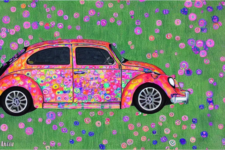 Prompt: gustav klimt lisa frank vw beetle