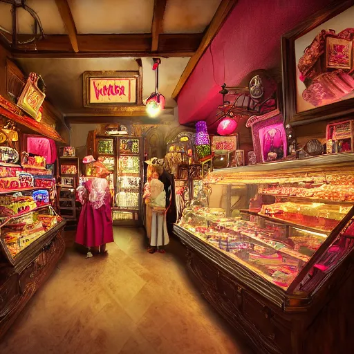 Prompt: Inside a magical old fashioned sweet shop, fantasy vendor interior, wide angle, cinematic shot, highly detailed, cinematic lighting , photo-realistic