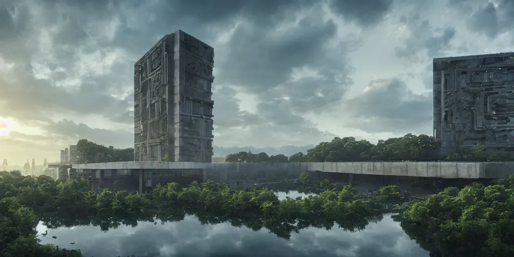 Image similar to brutalist architecture, a stunningly detailed building, surrounded by lush green forest, ponds of water, stunning volumetric lighting, sunset, metal, concrete, stunning skies, trending on Artstation, 8k, photorealistic, hyper detailed, unreal engine 5, IMAX quality, cinematic, epic lighting, in the style of Greg Rutkowski