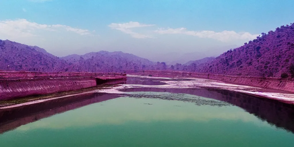 Prompt: still film of tawi river in jammu with purple landscape, 8 k, intricate, elegant