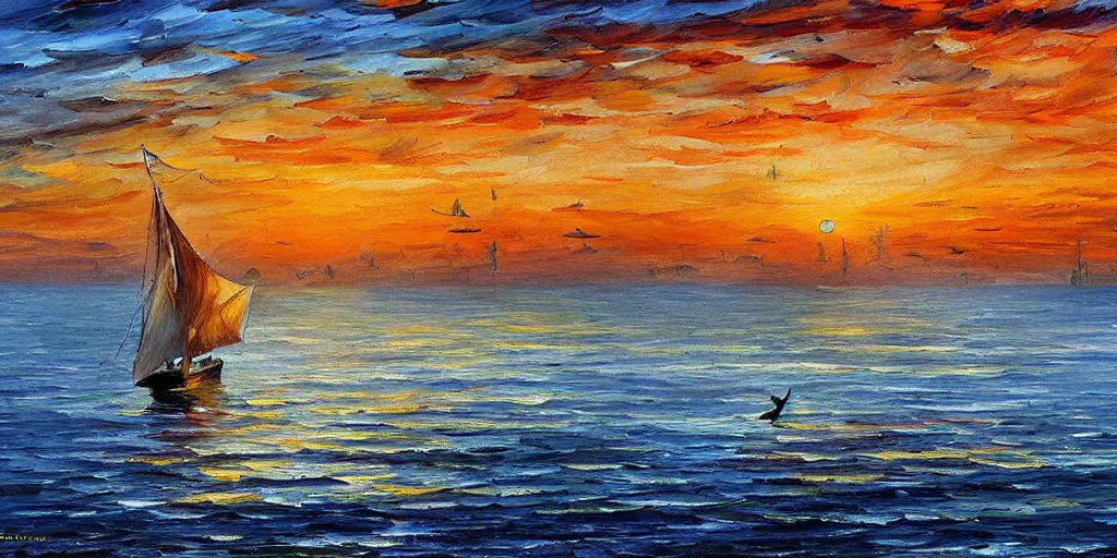 Image similar to rising sun ( ( ( fishing cormorant, fishing boat ) ) ) on the naples bay, by leonid afremov and moebius